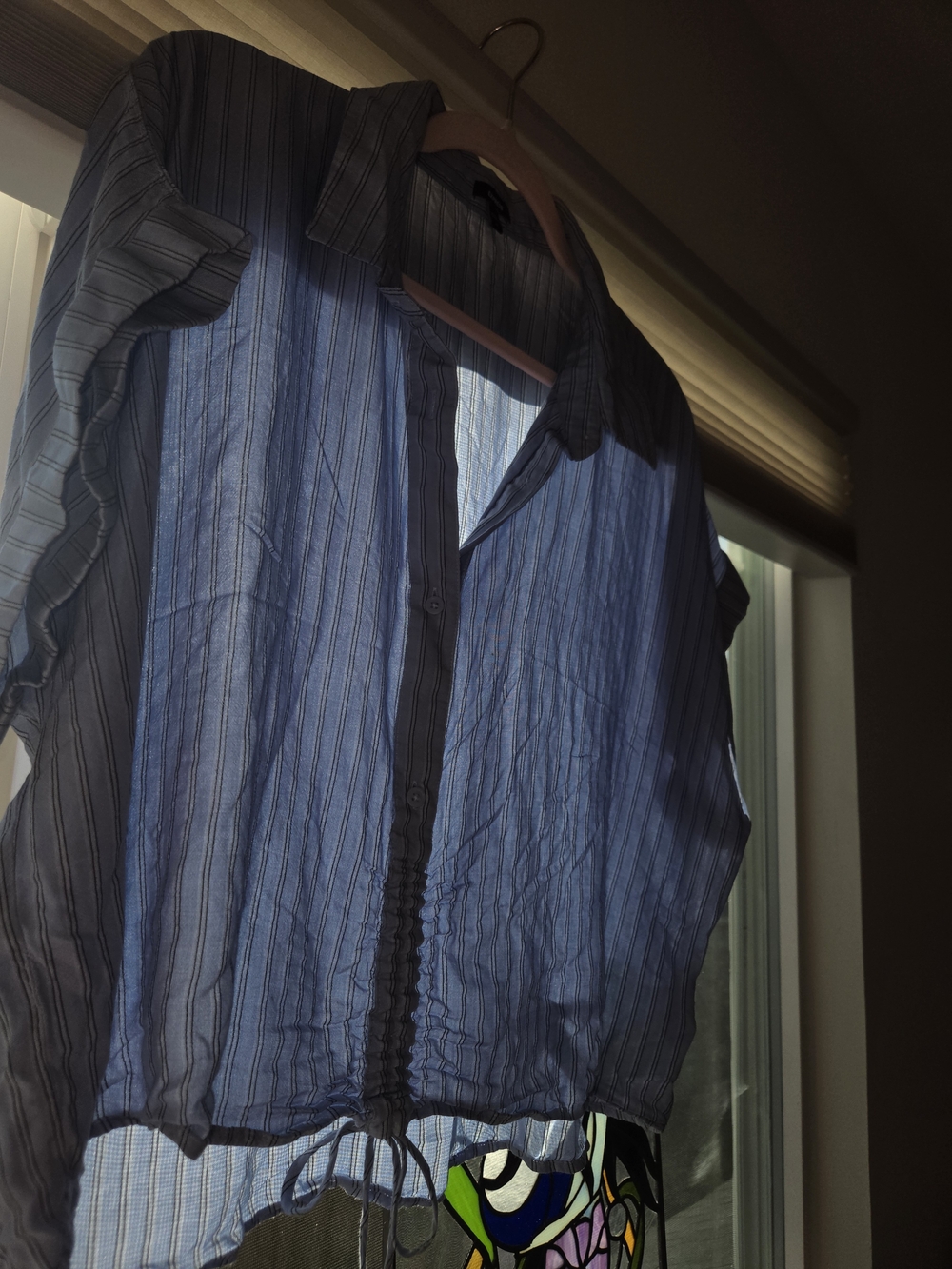 Express Blue Striped Ruched Drawstring Button Front Blouse - Picture 2 of 5
